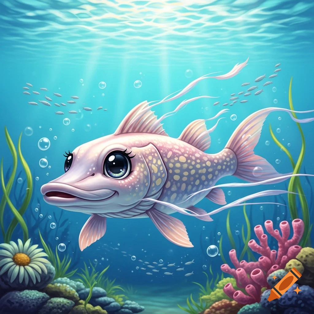 A cute, smiling pinkish-white fish with big eyes swims underwater amidst colorful coral and green seaweed, in a vibrant anime style.