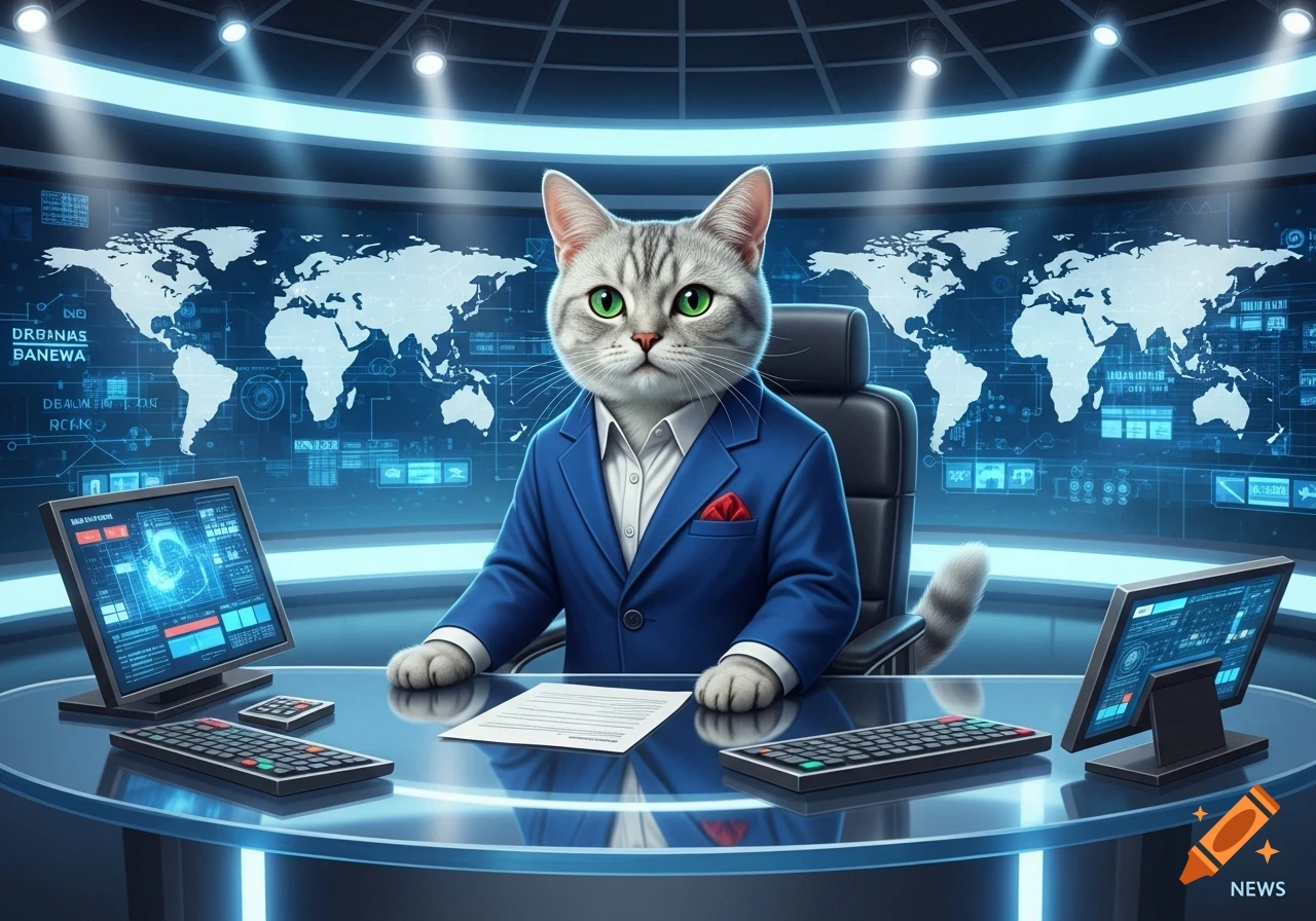 A photorealistic anthropomorphic grey tabby cat in a blue suit sits at a futuristic news desk, with world maps on screens in the background.