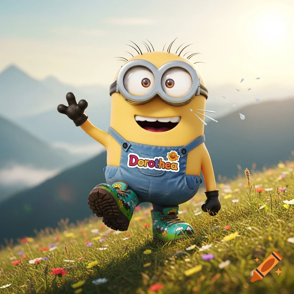 A happy Minion in denim overalls and hiking boots, waving in a sunny, flower-filled mountain meadow.