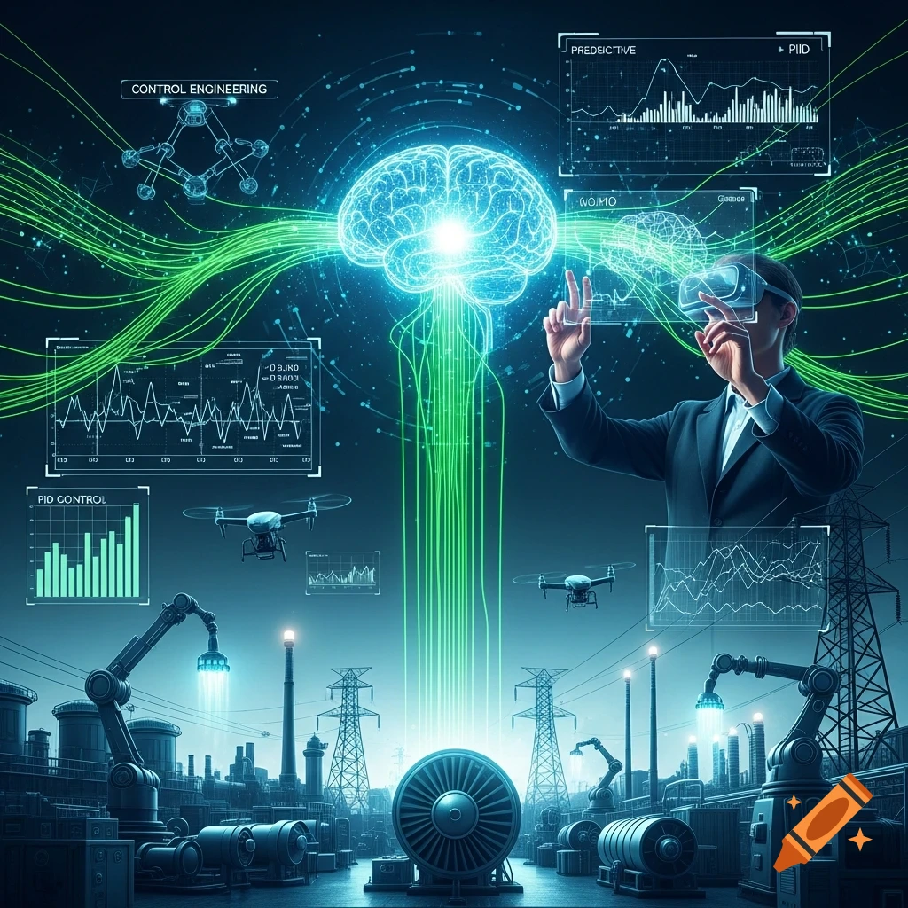 A man in a suit wearing a VR headset interacts with a glowing digital brain, green data lines, and holographic charts in a futuristic factory setting with drones and robots.