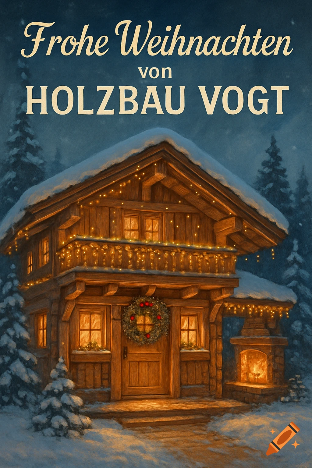 A festive, illustrated wooden cabin in a snowy forest at night, adorned with glowing Christmas lights and a wreath on the door. Text at the top reads 'Frohe Weihnachten von HOLZBAU VOGT'.