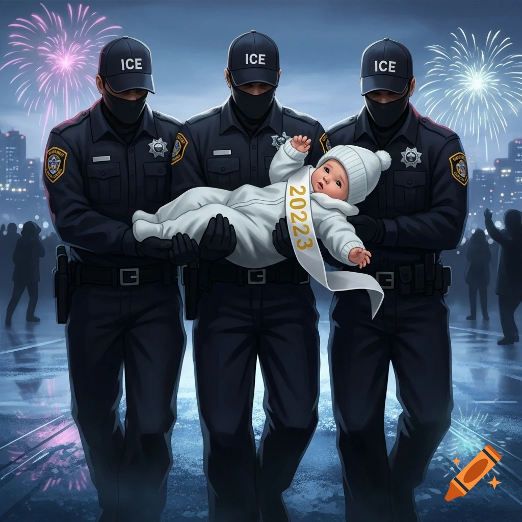 Three masked ICE agents in uniform carry a baby wearing a white onesie and a "2023" sash, with fireworks exploding in a city night sky.