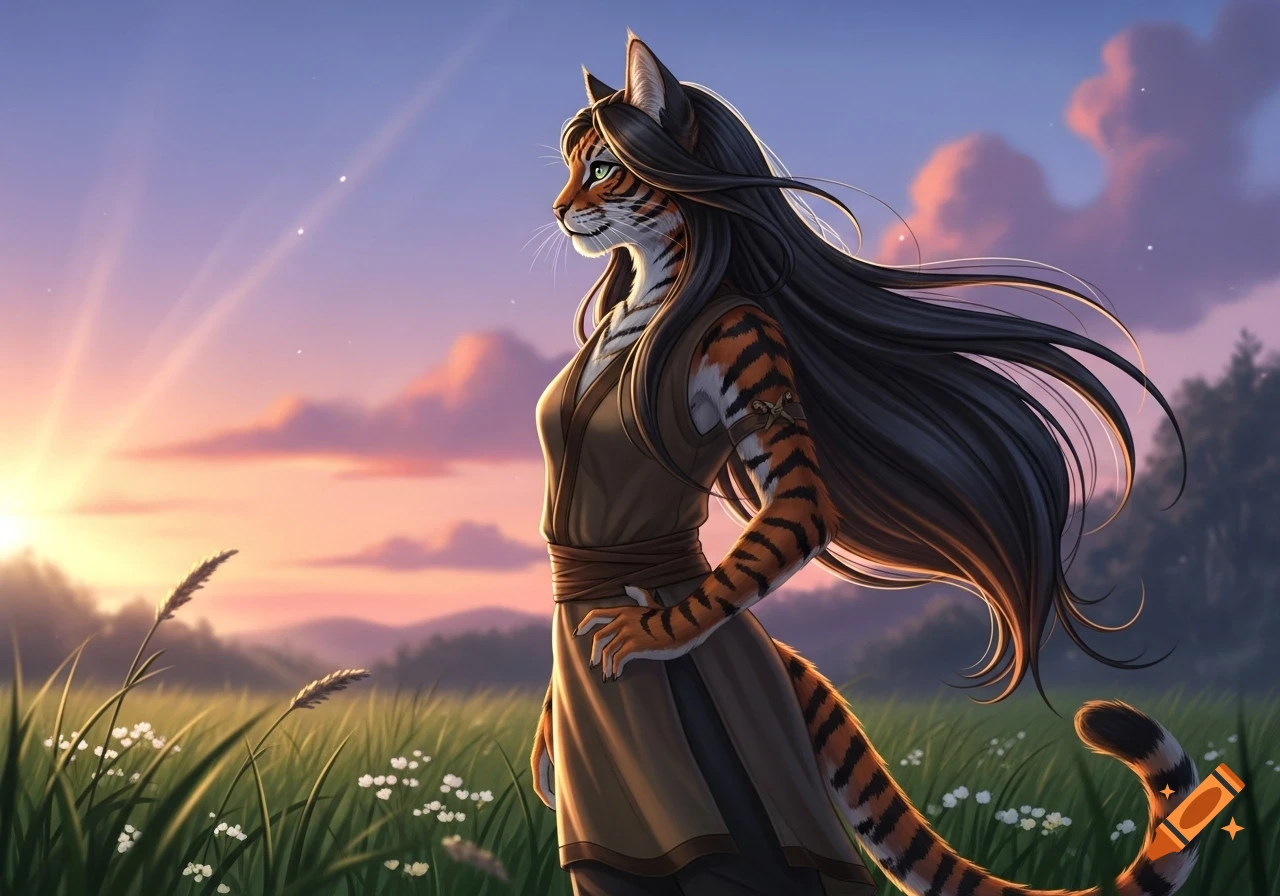 A female humanoid cat with tiger stripes and long dark hair, wearing a simple brown dress, stands in a grassy field at sunrise, looking left.