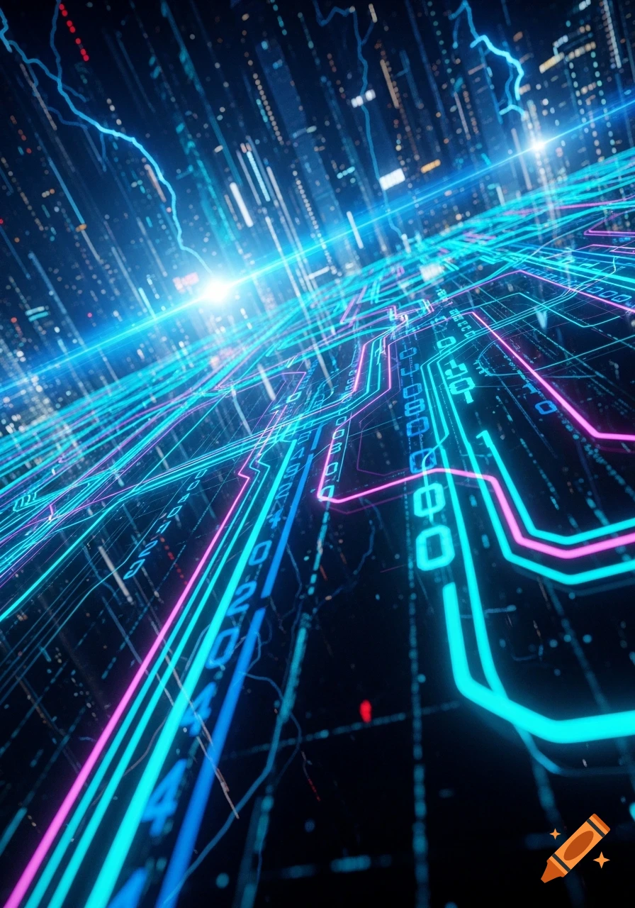Abstract digital cityscape with glowing blue and pink circuit lines ...