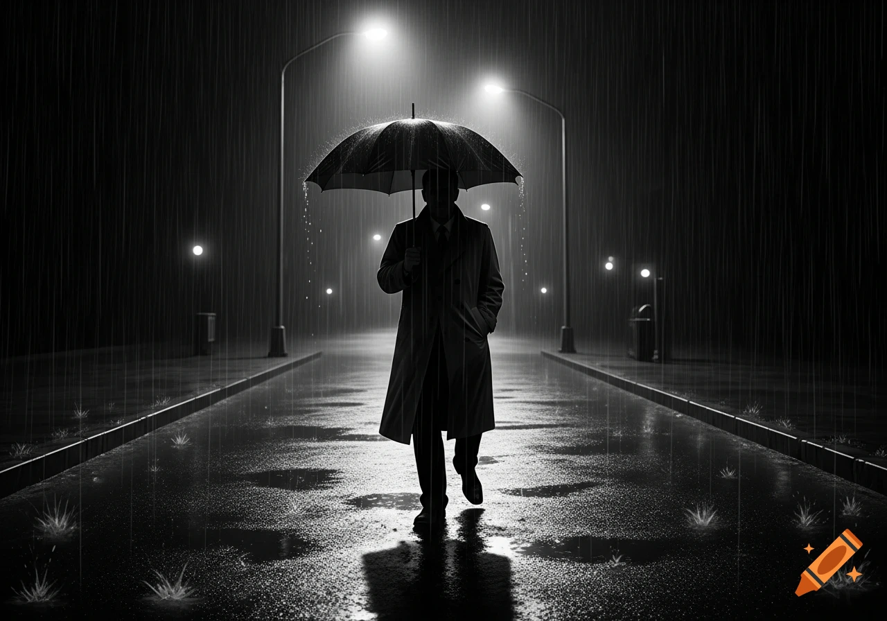 A lone man walks down a wet street under an umbrella in the rain at night, illuminated by streetlights, in black and white.