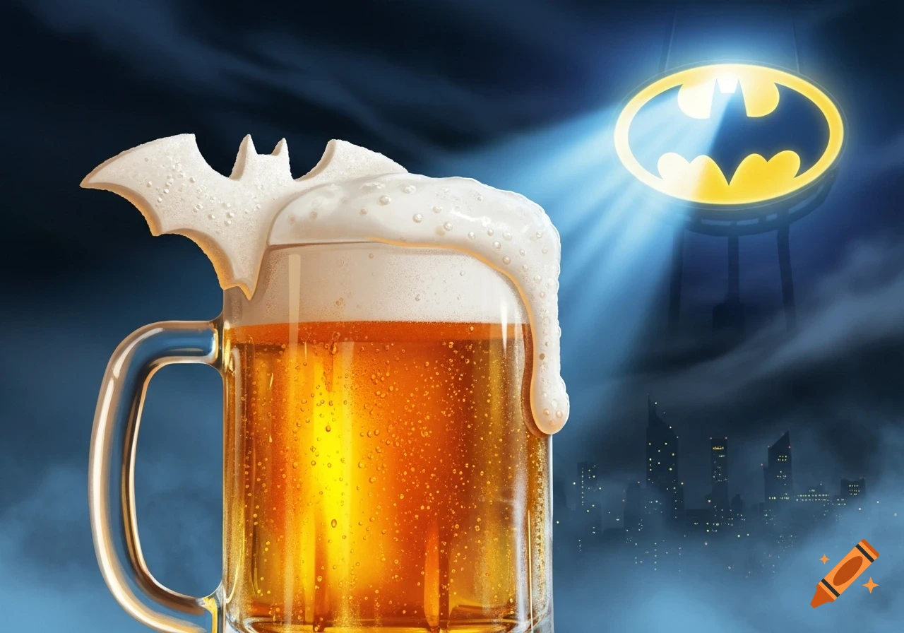 A mug of golden beer with white bat-shaped foam and more foam spilling over the side. The Bat-Signal shines in the night sky over a hazy city.