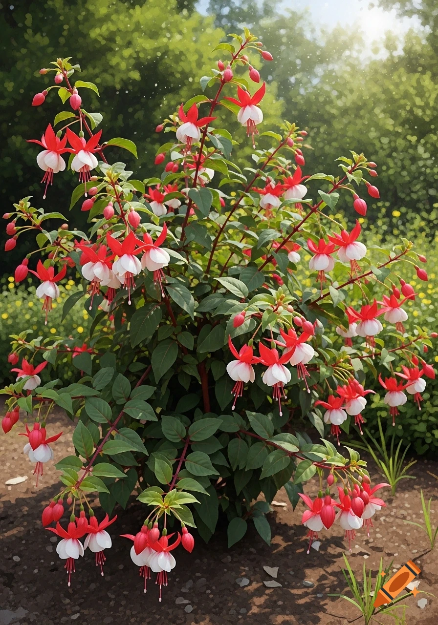 A vibrant fuchsia bush with numerous red and white bell-shaped flowers blooming in a garden under sunlight.