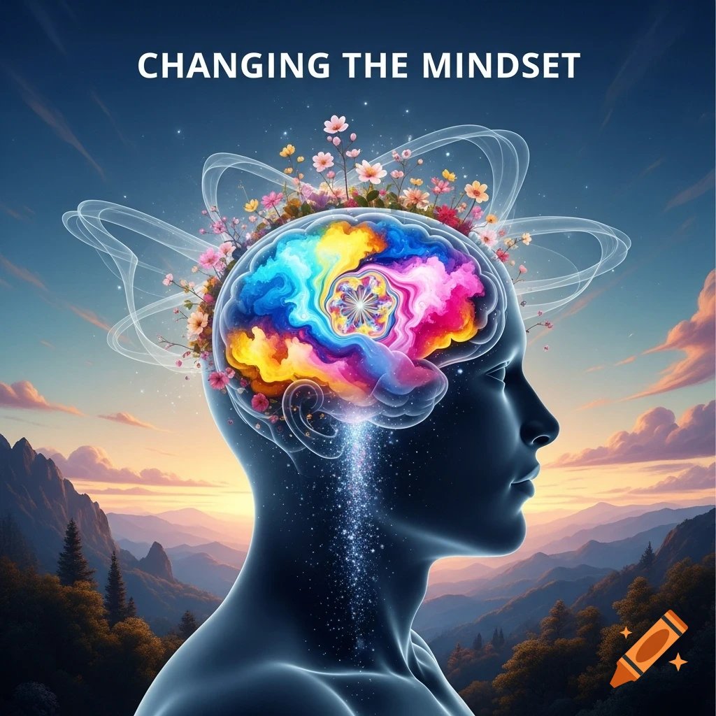 Human head in profile with a colorful, floral brain glowing against a serene mountain sunset, with text 'CHANGING THE MINDSET'.