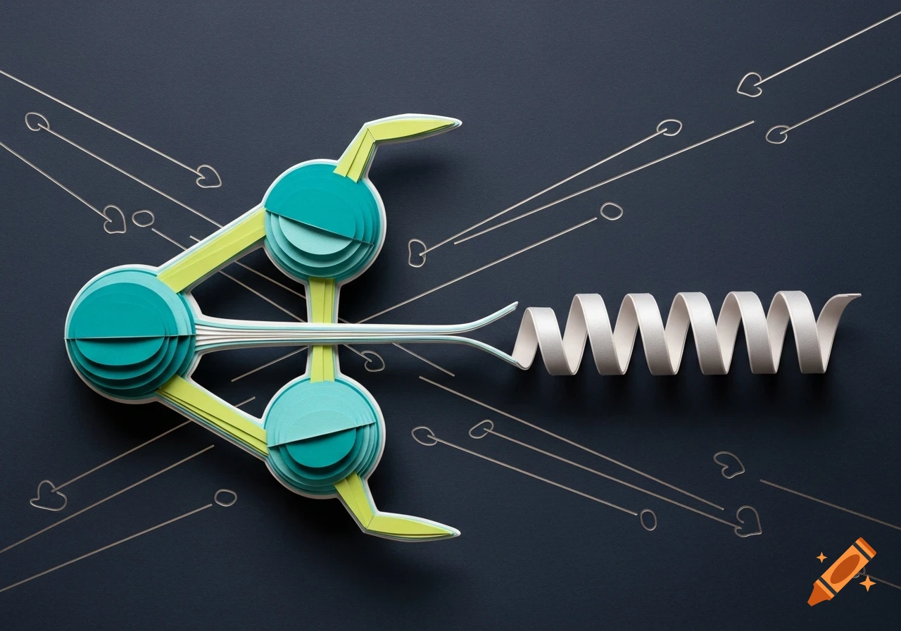 Stylized papercraft art of a myosin molecule with teal heads, a lime green neck, and a silver coiled tail on a dark background with thin lines.