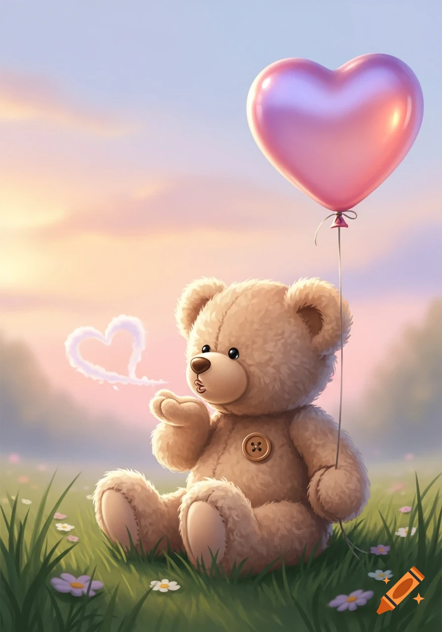 A fluffy teddy bear sits in green grass with small flowers, blowing a heart-shaped kiss cloud under a pastel sky, a shiny pink heart balloon floats beside it.