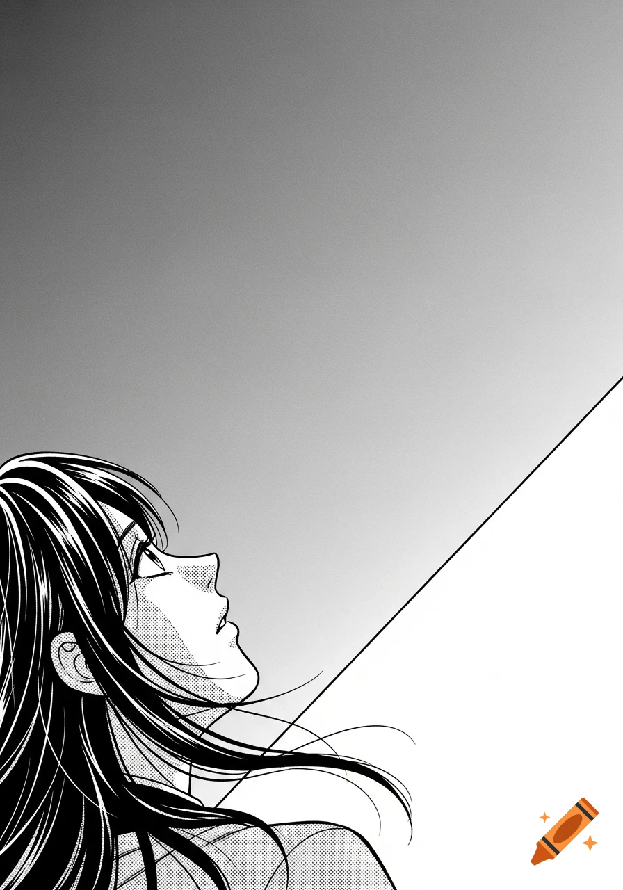 Black and white manga illustration of a woman with long hair, looking up towards the top right with her back turned, showing the right half of her face.