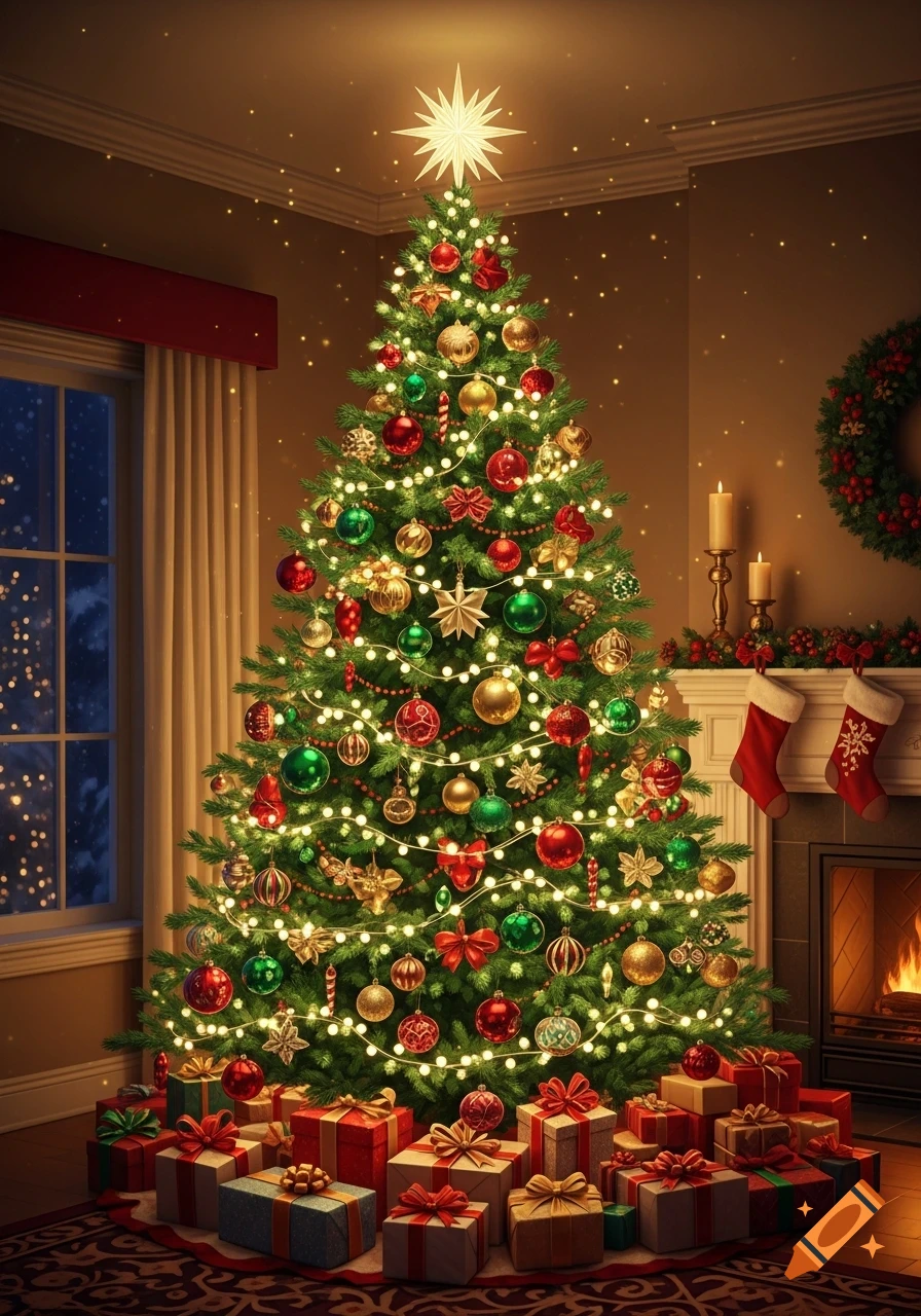 A sparkling, fully decorated Christmas tree with colorful ornaments, glowing lights, and gifts underneath, in a cozy room with a fireplace.