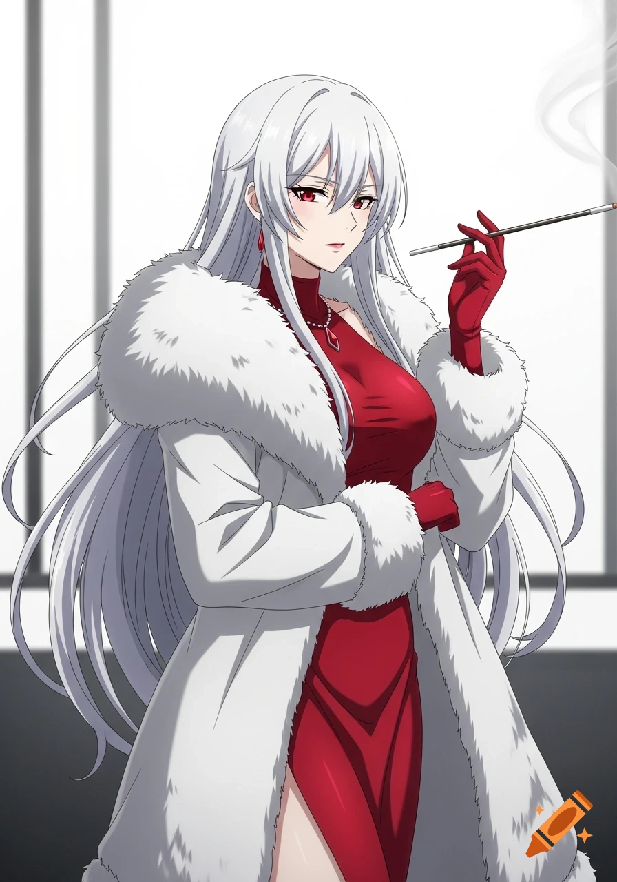 An anime woman with long white hair and red eyes, wearing a white fur coat and red dress, smoking a cigarette from a holder.