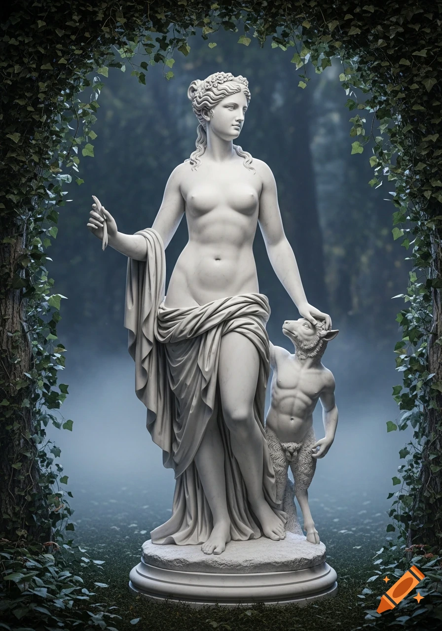 White marble statue of a nude classical female figure and a small satyr in a mystical, ivy-covered forest.