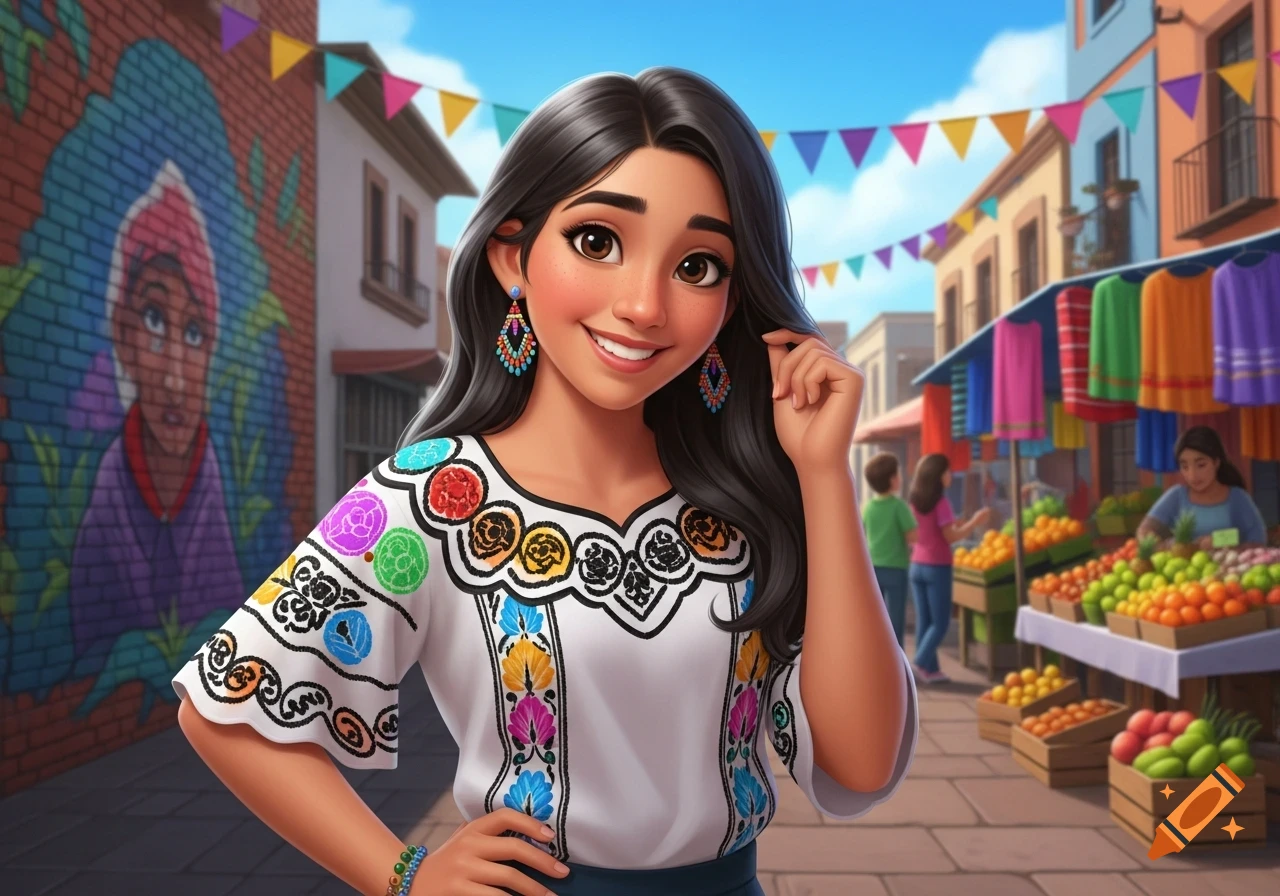 A smiling stylized Latina teen in a colorful embroidered top, posing in a vibrant outdoor market with fruit stalls and a mural.