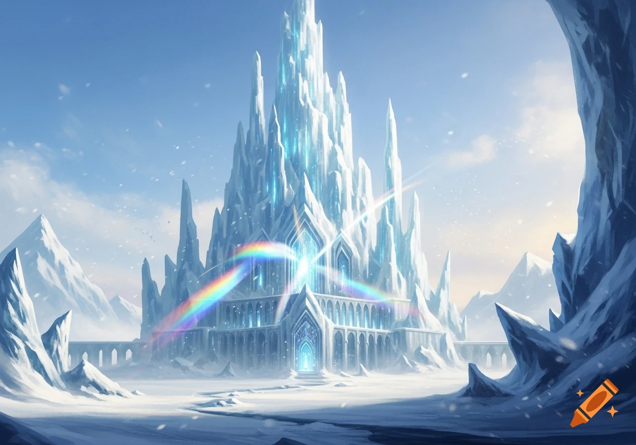 Majestic glowing ice castle with a rainbow in a snowy mountain landscape, fantasy art.