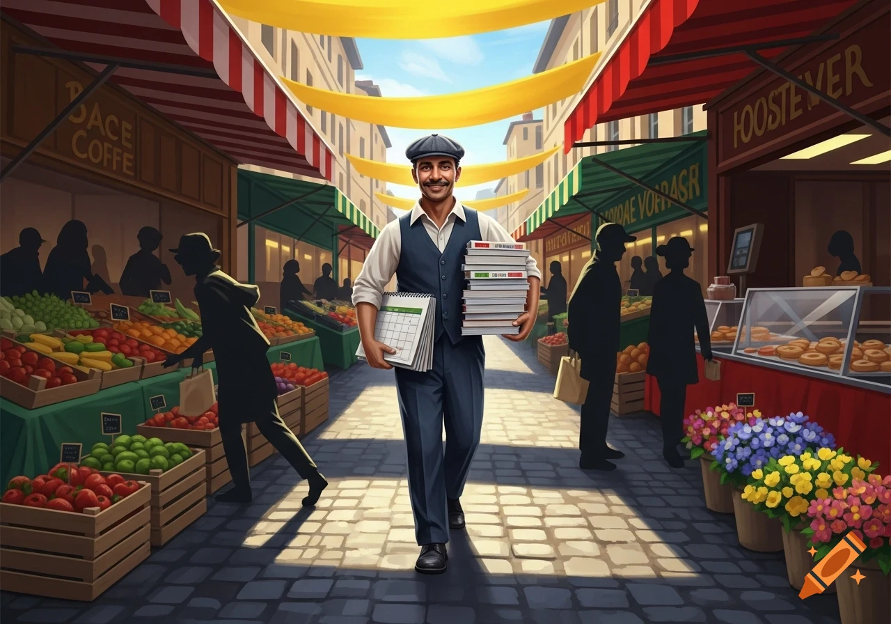 A smiling man in a vest and flat cap carries books and a calendar through a vibrant outdoor market.