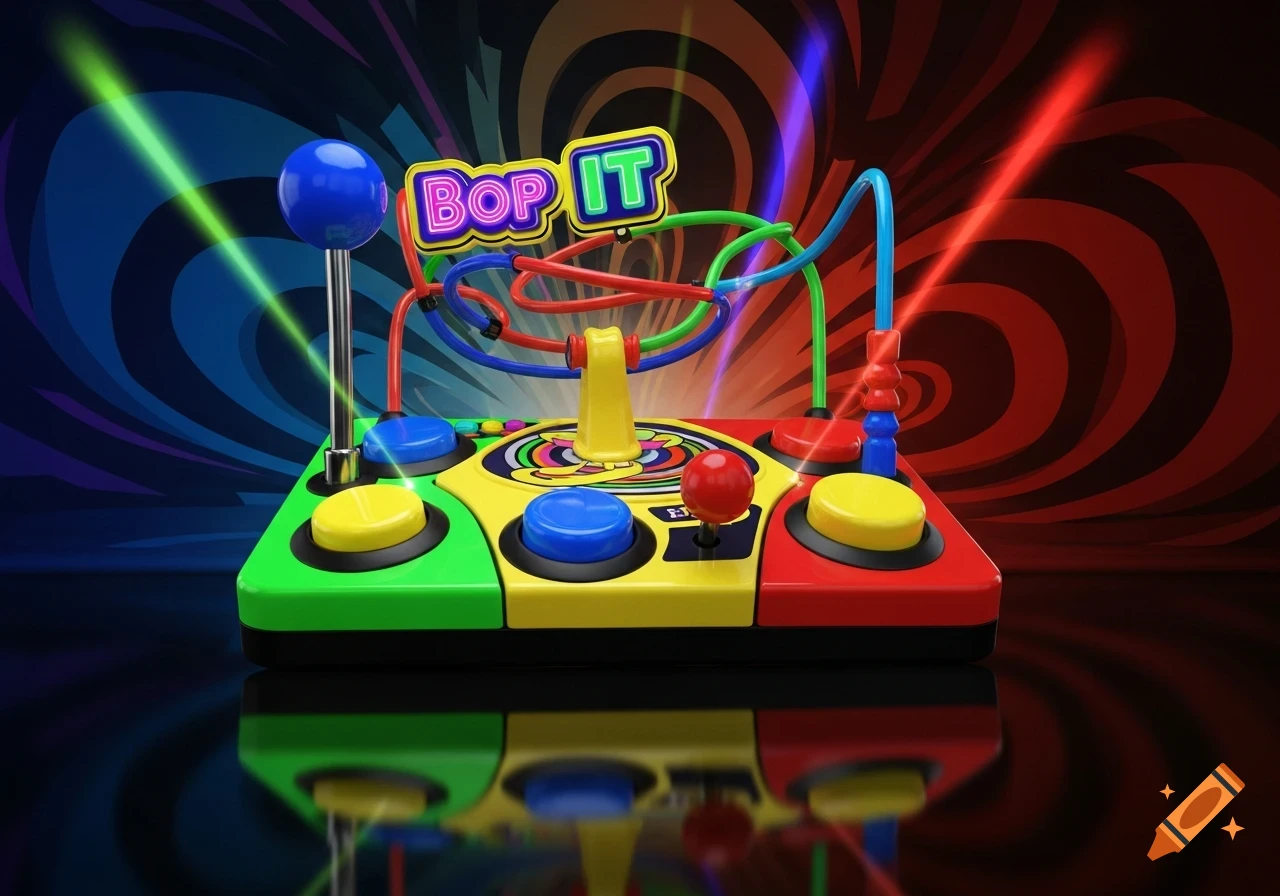 A vibrant, colorful 'Bop It' game toy with buttons, levers, and a wire maze, against a swirling abstract background.