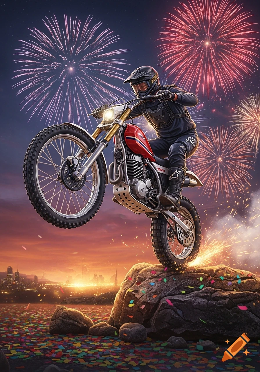 A motorcyclist rides a red trial bike over a rock, against a backdrop of colorful fireworks and confetti, with a city skyline at sunset.