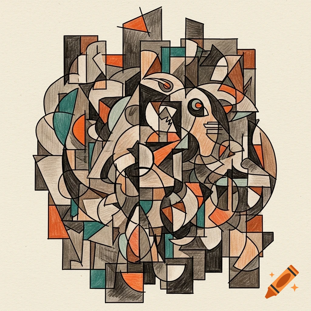 An abstract cubist artwork with geometric shapes and lines in shades of brown, orange, black, and teal on a light background.