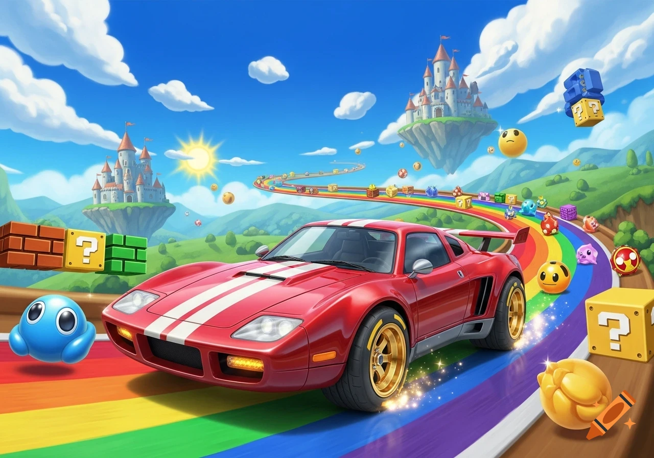 Vibrant Mario Kart-style illustration featuring a red racing car on a rainbow track, with floating castles and power-up blocks.