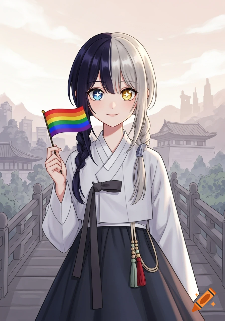 A young anime girl with split black and white hair, wearing a hanbok, holds a rainbow flag on a traditional bridge.