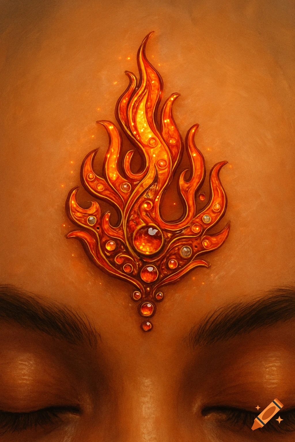 Close-up of a person's forehead and closed eyes adorned with an ornate, jeweled bindi shaped like flickering orange and red flames.