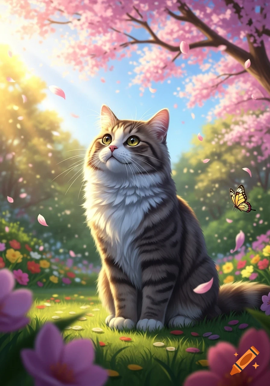 A fluffy brown and white cat sits in a vibrant spring garden, looking up at falling pink cherry blossom petals. A small butterfly flies nearby.