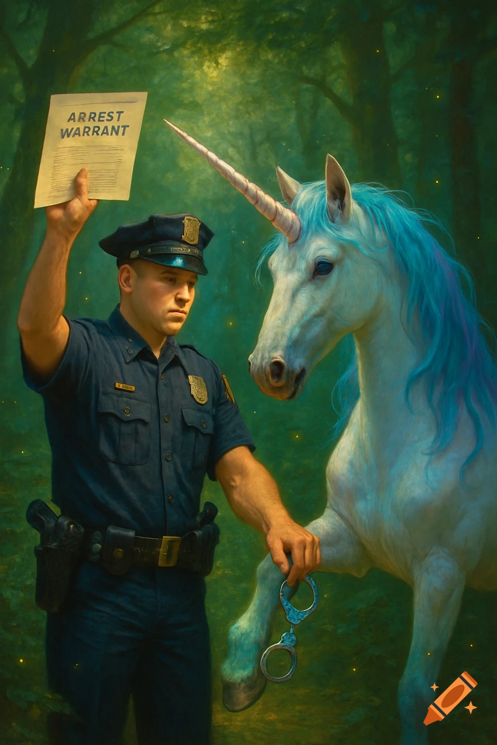 A police officer in a forest holds an arrest warrant while holding handcuffs near a unicorn with blue mane. Painterly style.