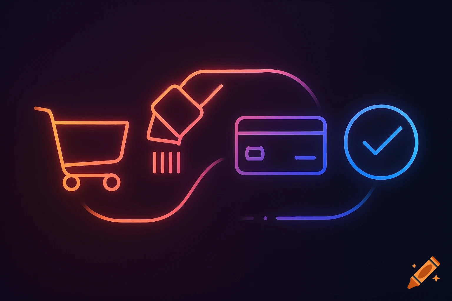 Abstract neon line art illustration of a digital checkout process, showing a shopping cart, scanning, a credit card, and a completion checkmark.