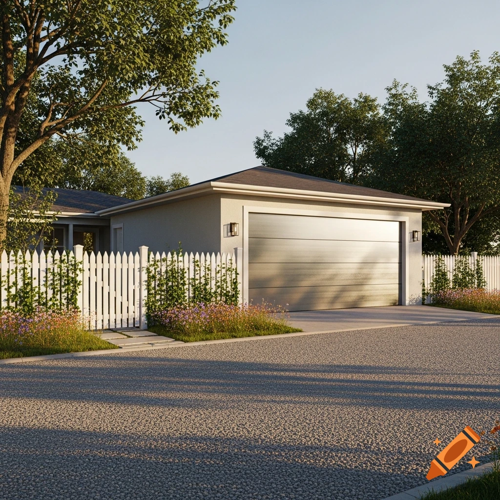 Photorealistic rendering of a house with a garage, a white picket fence, and a gravel driveway under a clear sky.