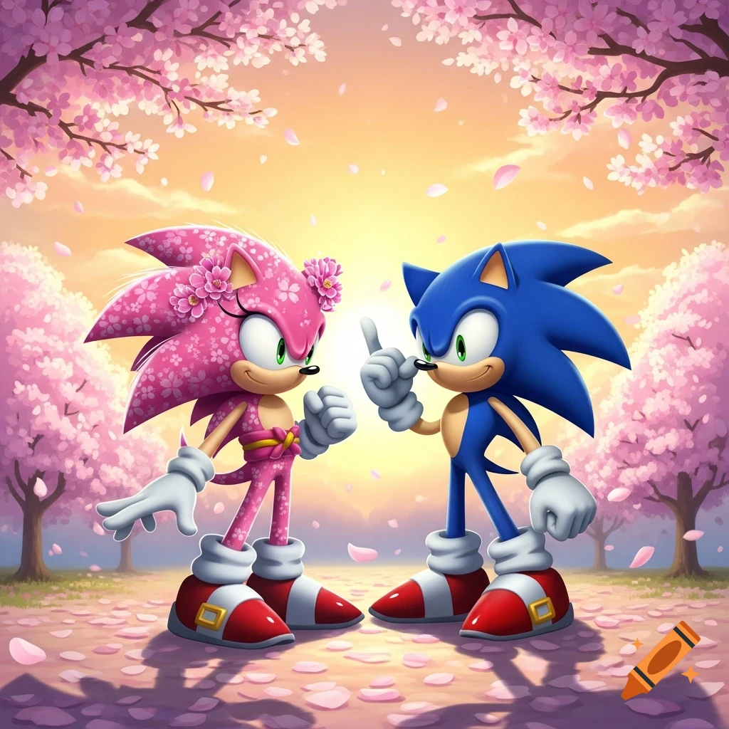 Cartoon Sonic the Hedgehog and a pink sakura variant stand among cherry blossom trees at sunset, smiling at each other.