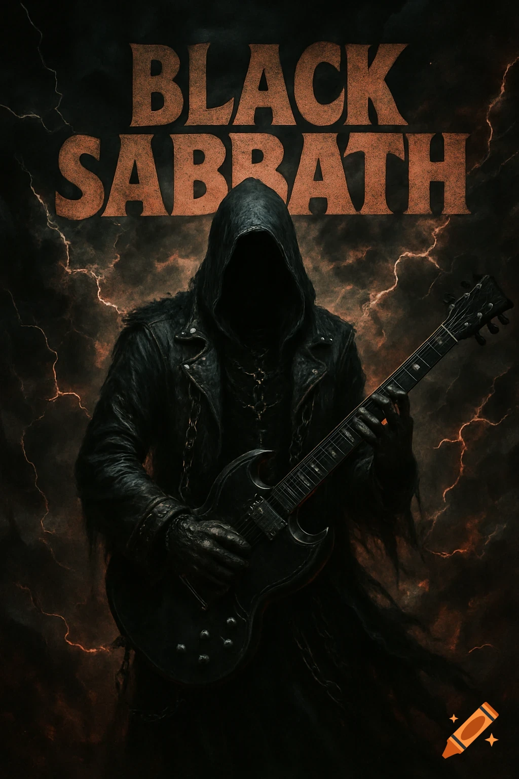 A dark, hooded figure in a leather jacket plays an electric guitar, with lightning in the background and 'BLACK SABBATH' text.