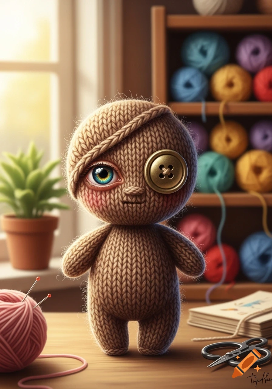 A detailed knit doll with one realistic eye and one button eye, standing on a wooden table next to yarn and knitting supplies.