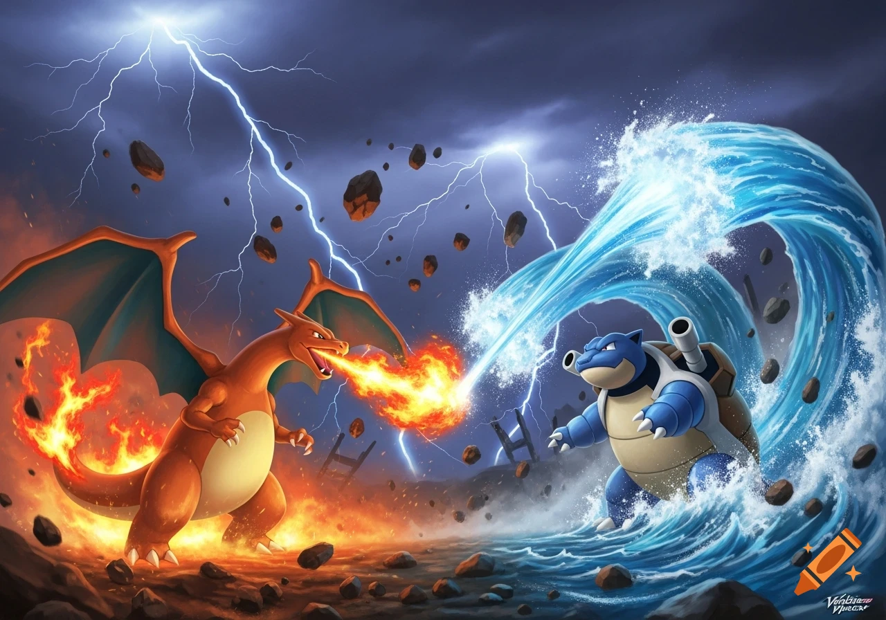 Charizard breathing fire at Blastoise attacking with water, amidst lightning, fire, and falling rocks in a dynamic Pokemon battle scene.