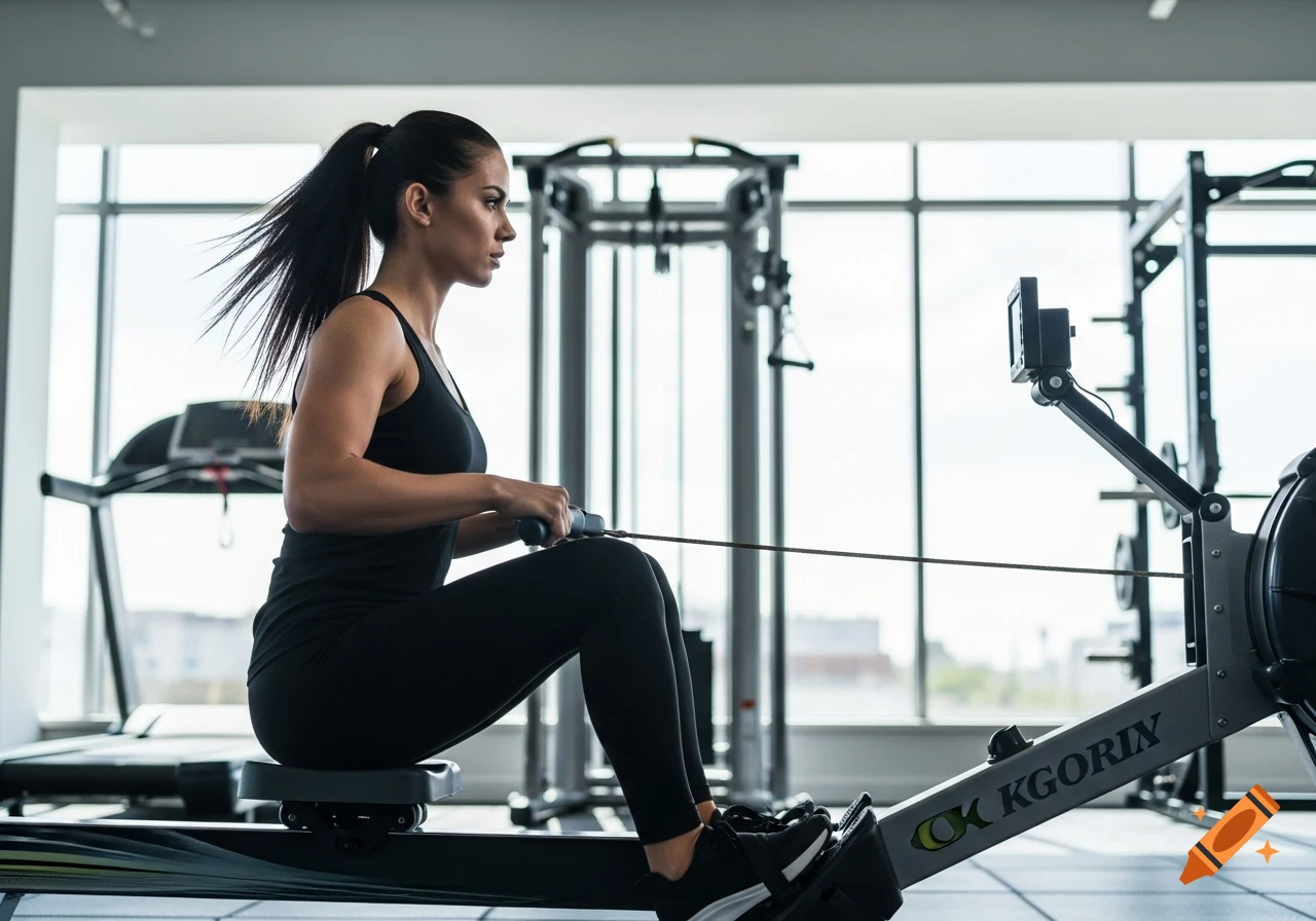 An athletic woman with a dark ponytail uses a rowing machine in a bright, modern gym, captured in a side profile view.
