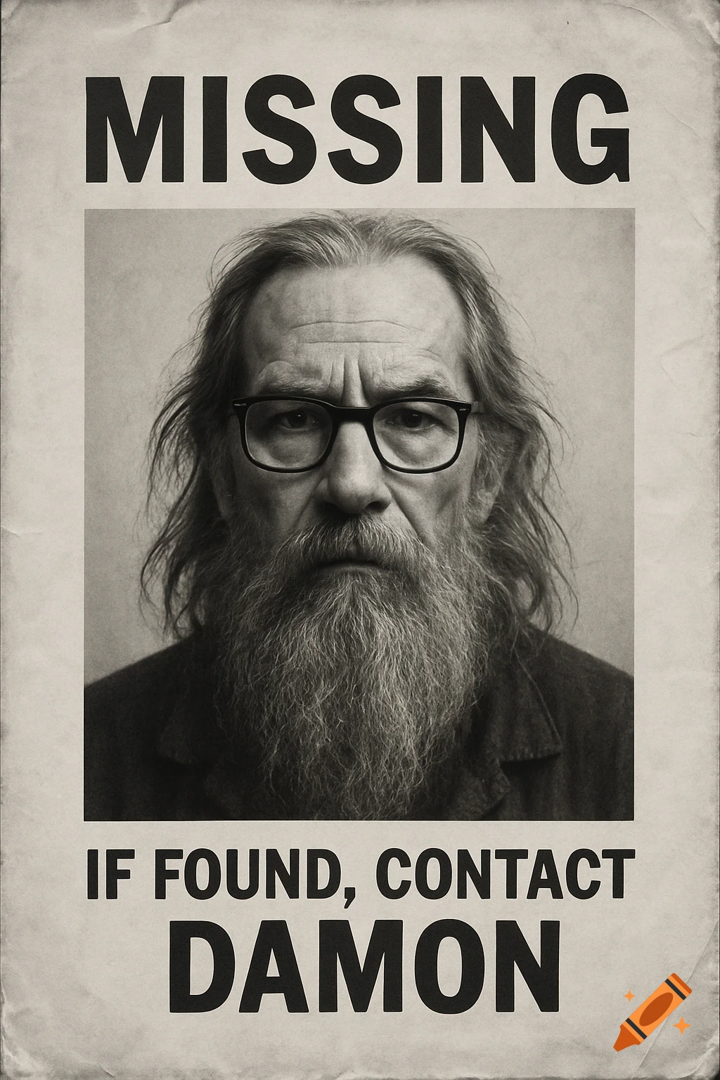 A black and white missing person poster with a portrait of an older man wearing glasses and a long beard.