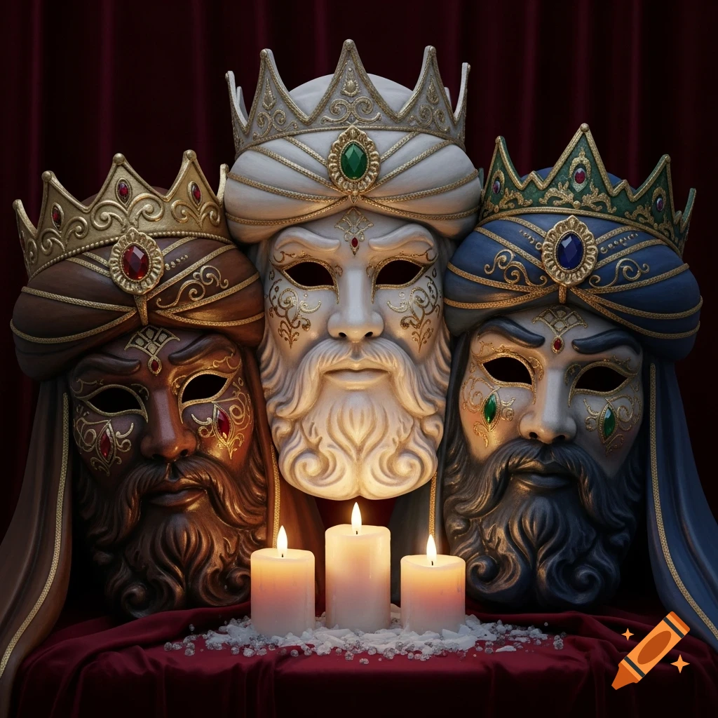Three ornate, regal paper mache masks representing the Wise Men, adorned with crowns and jewels, sit behind three lit candles on a red cloth.