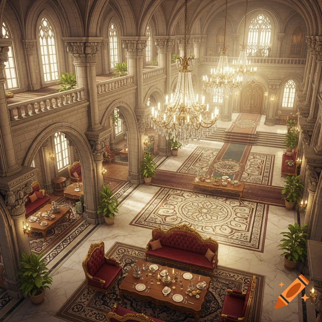 Grand, luxurious castle interior with Gothic arches, ornate chandeliers, red and gold furniture, patterned rugs, and potted plants, viewed from above.