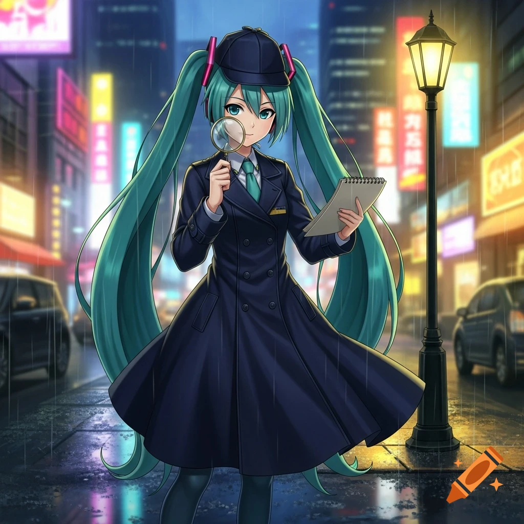 Hatsune Miku as a detective in a dark trench coat and deerstalker hat, holding a magnifying glass and notebook on a rainy city street with neon signs.