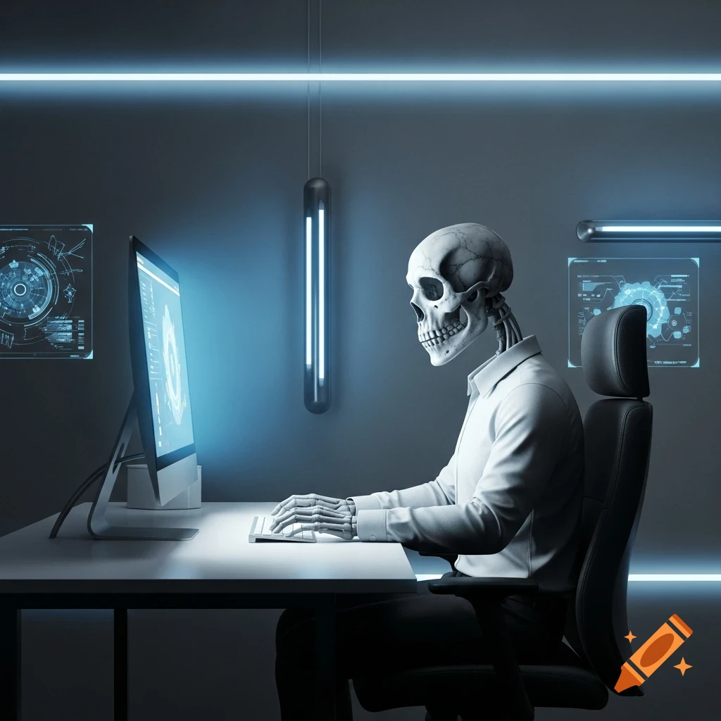 A skeleton in a white shirt sits at a desk, typing on a computer in a dimly lit, futuristic room with blue neon lights.