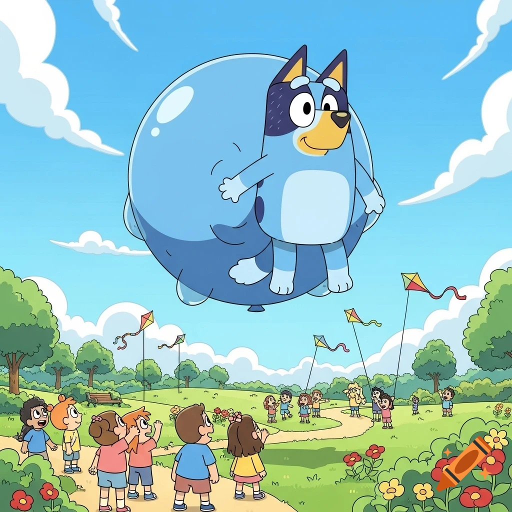 Cartoon Bluey, inflated like a giant blue balloon, floats above a sunny park where children look up and fly kites.
