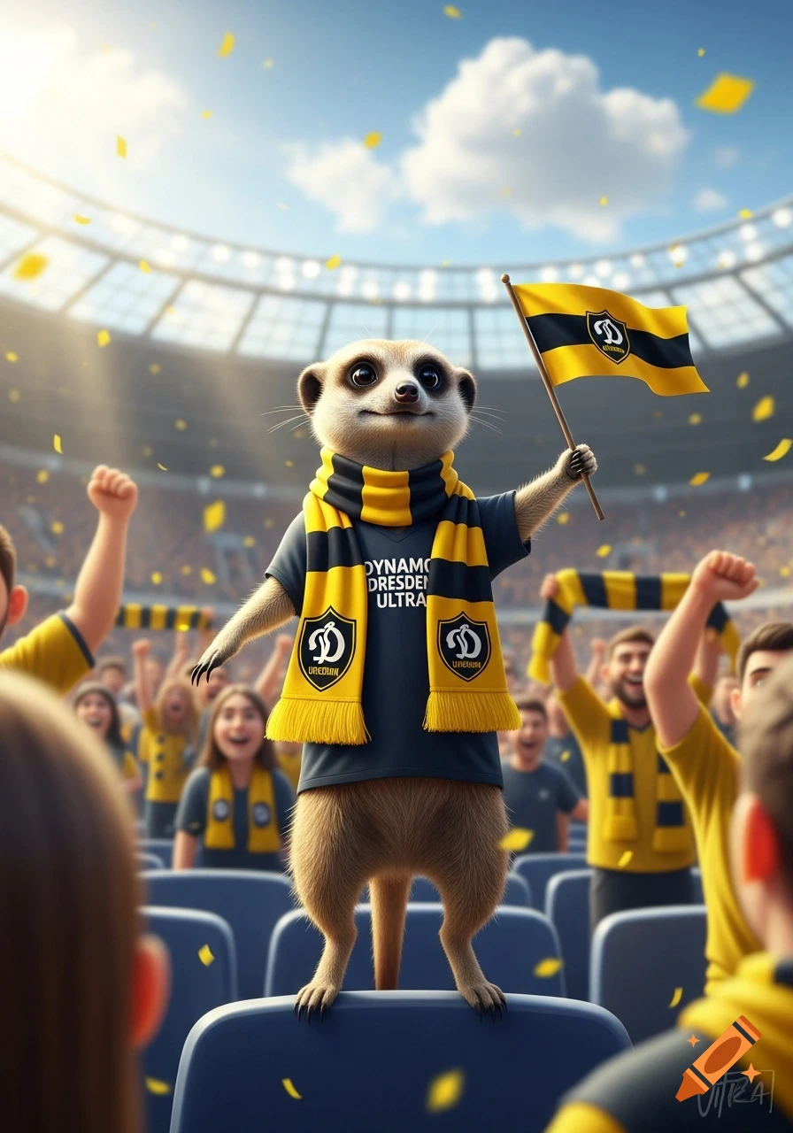 A cute meerkat dressed as a football fan, wearing a black and yellow scarf and shirt, waving a flag in a stadium with cheering crowds and confetti.