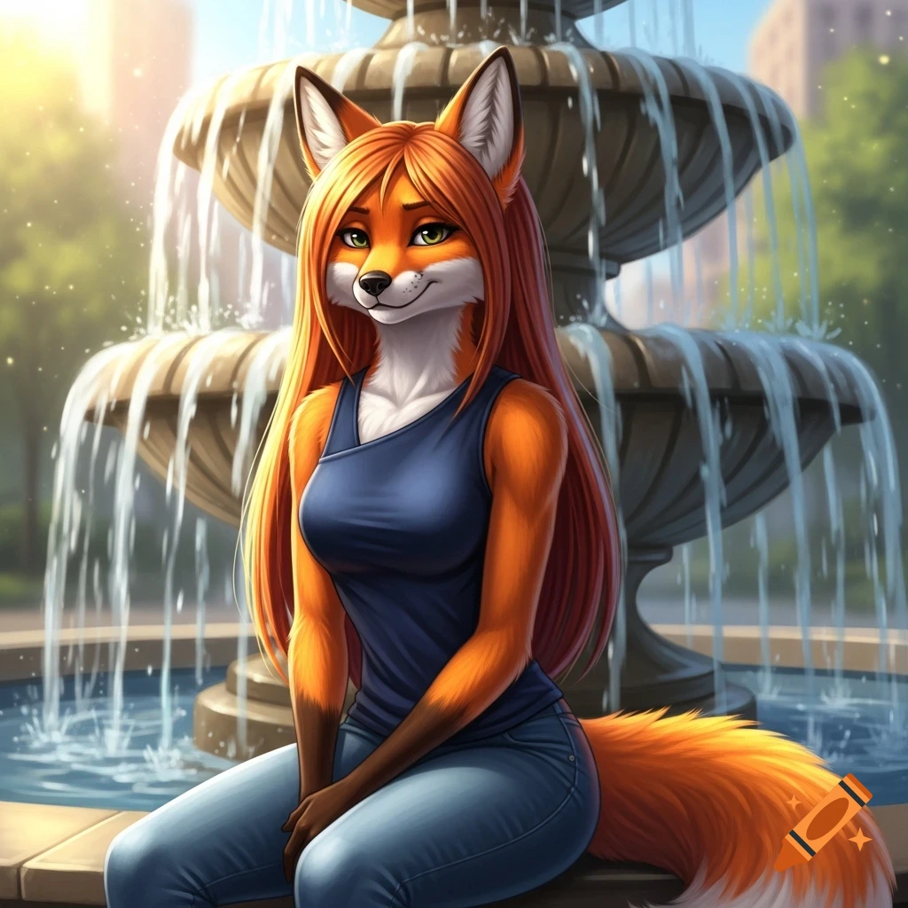 An anthropomorphic orange fox with long red hair and a blue top sits by a water fountain.