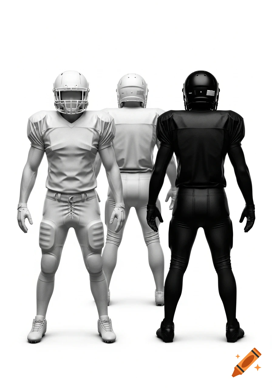 Three athletic figures in American football uniforms stand on a white background. Two figures in white are in the foreground, one facing forward and one rearward. A third figure in black stands behind, facing rearward.
