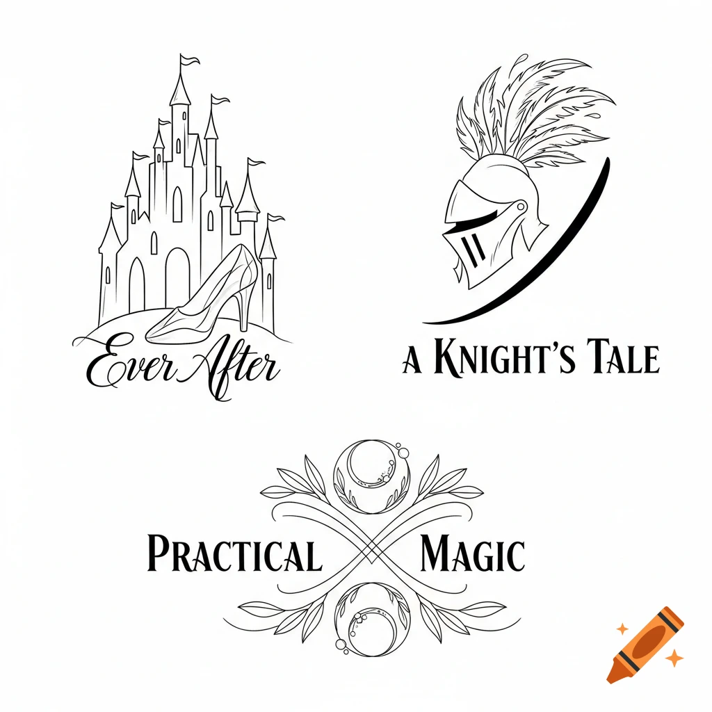Three black and white line art designs: a castle and high heel with 'Ever After', a knight's helmet with 'A Knight's Tale', and an ornate magic symbol with 'Practical Magic'.