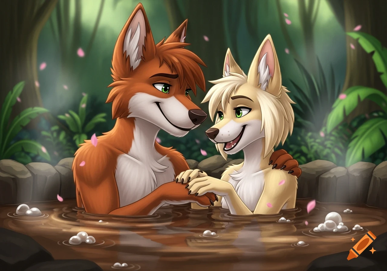 Two anthropomorphic dog-like characters, a couple, happily holding hands in a mud hot tub with green foliage and pink petals. Digital art.