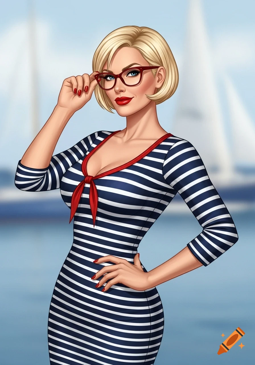 Blonde woman in red glasses and a blue and white striped sailor dress, posing by sailboats in an illustration style.