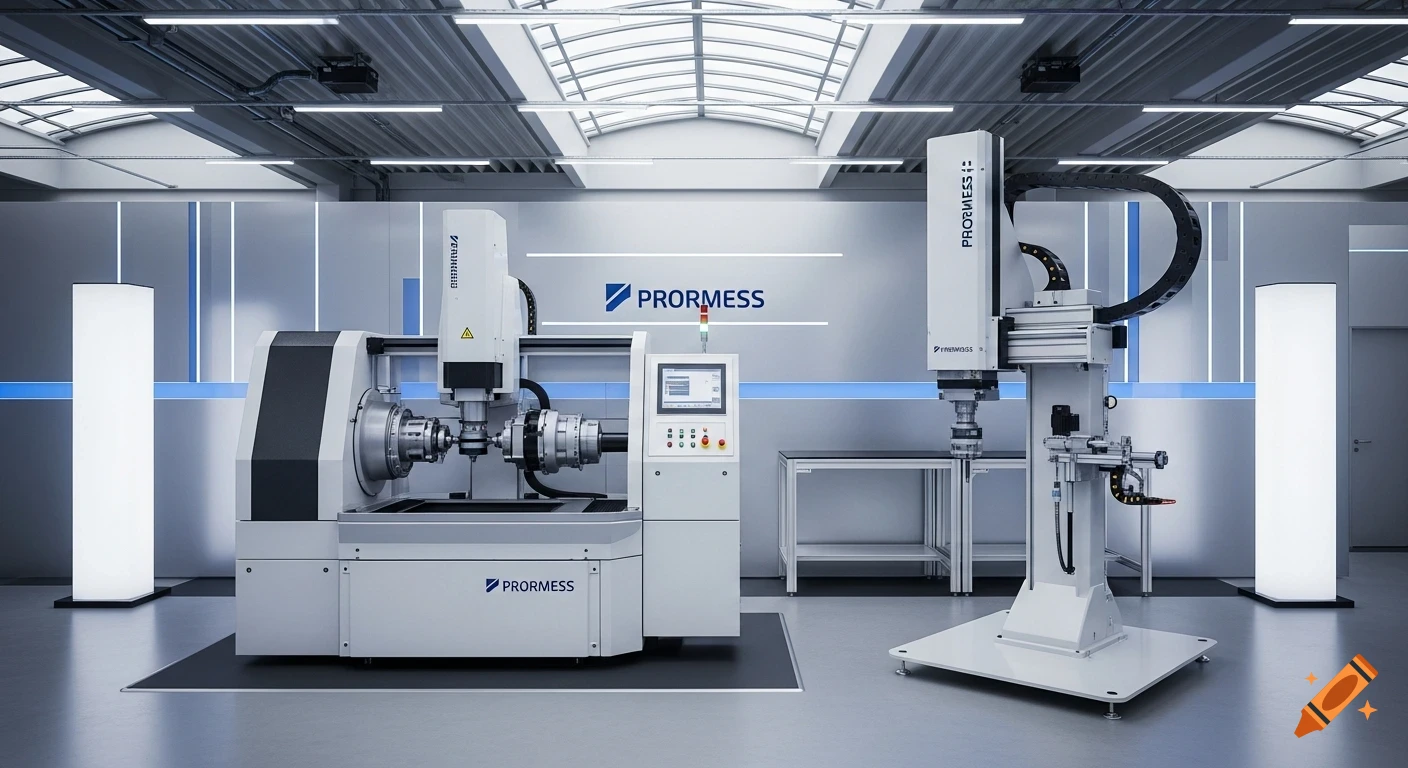 Photorealistic image of a white industrial balancing machine and a Prormess assembly module in a modern, brightly lit factory.
