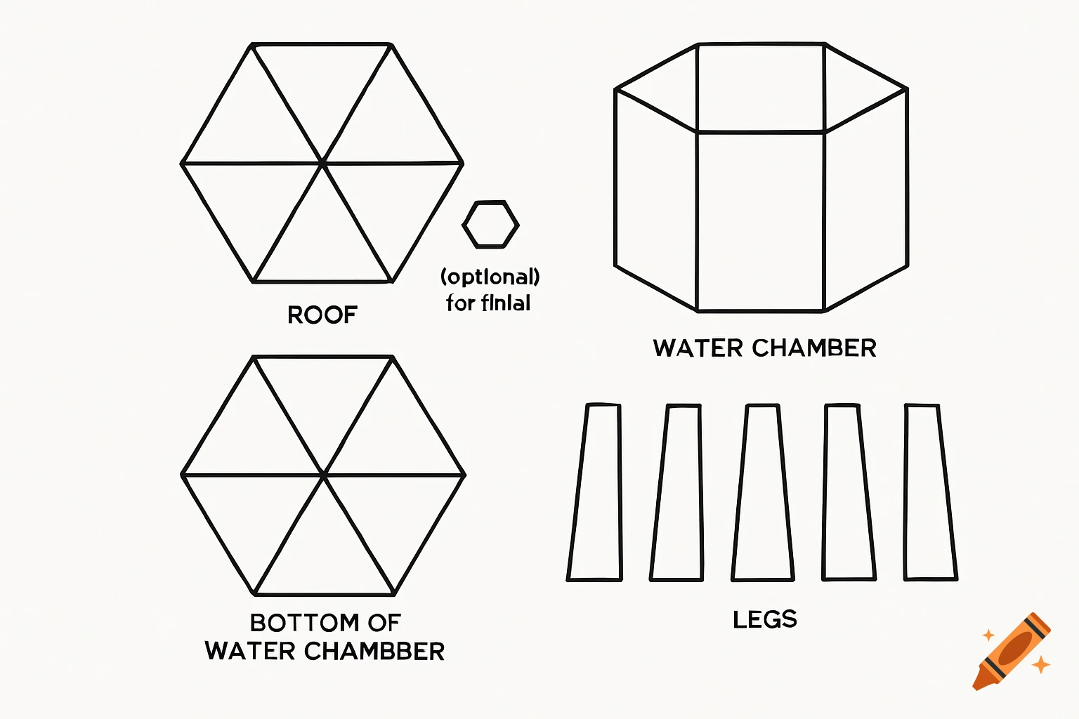 A blueprint with black outlines on white, showing geometric shapes labeled as 'ROOF', 'WATER CHAMBER', 'BOTTOM OF WATER CHAMBBER', 'LEGS', and '(optional) for finlal', representing water tower components.